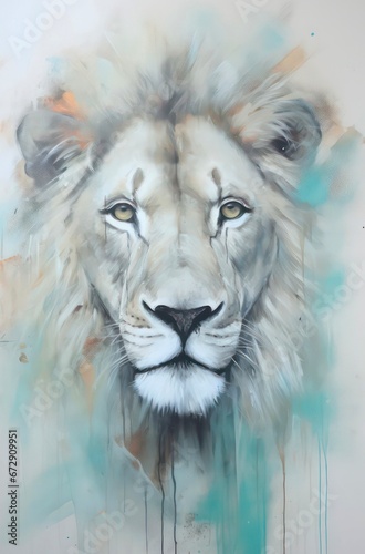 Artistic portrait of a rare white lion, abstract oil painting. © Hanna