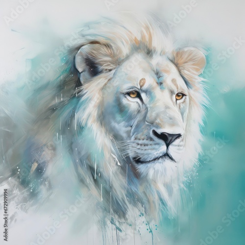 Artistic portrait of a rare white lion, abstract oil painting. © Hanna