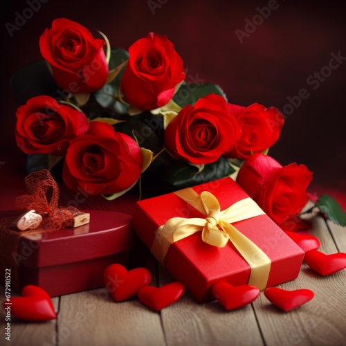 red roses and gift box. Present. Wedding gift. Valentine s Day. Red box