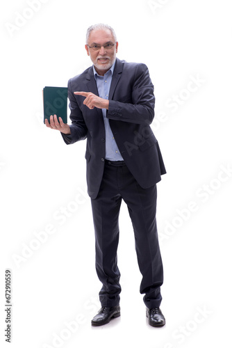 Old businessman holding books isolated on white