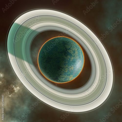 Planet with a system of rings in the background of the deep space nebula. Science fiction.