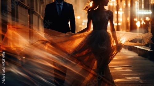 photo of a couple in love walking along the evening street in a stylish evening dress  image blur