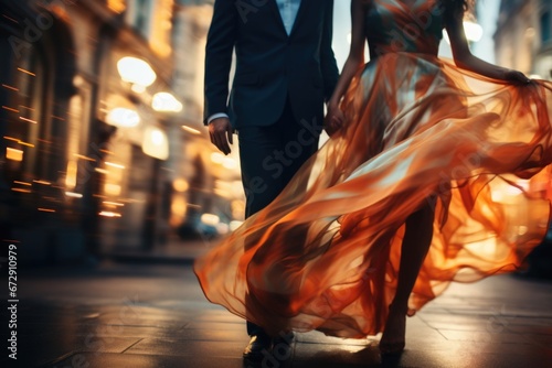 photo of a couple in love walking along the evening street in a stylish evening dress, image blur