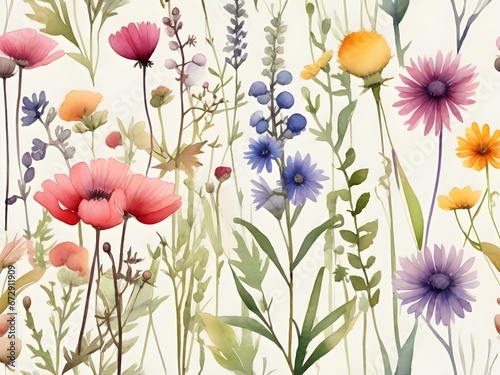 Watercolor style, Watercolour painting, Colourful Different wildflowers. Generative AI © Carlos