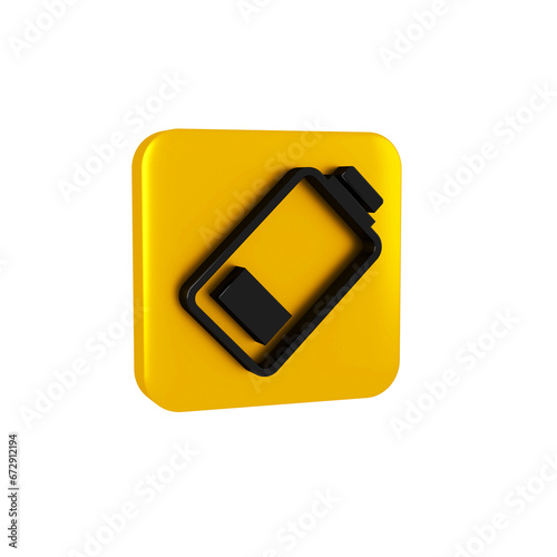 Black Battery charge level indicator icon isolated on transparent background. Yellow square button.