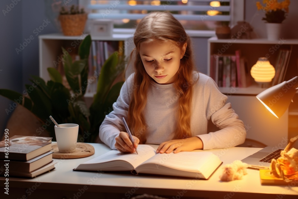 Schoolgirl studying with video online lesson at home Schoolgirl studying with video online lesson at home
