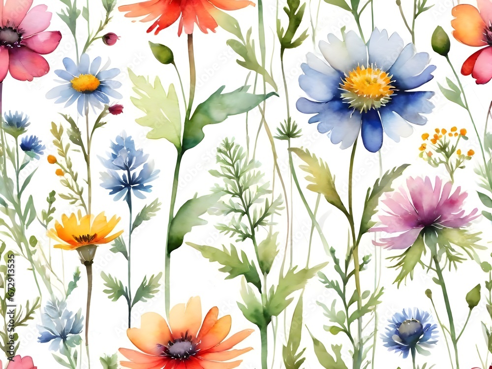 Watercolor style, Watercolour painting, Colourful Different wildflowers. Generative AI