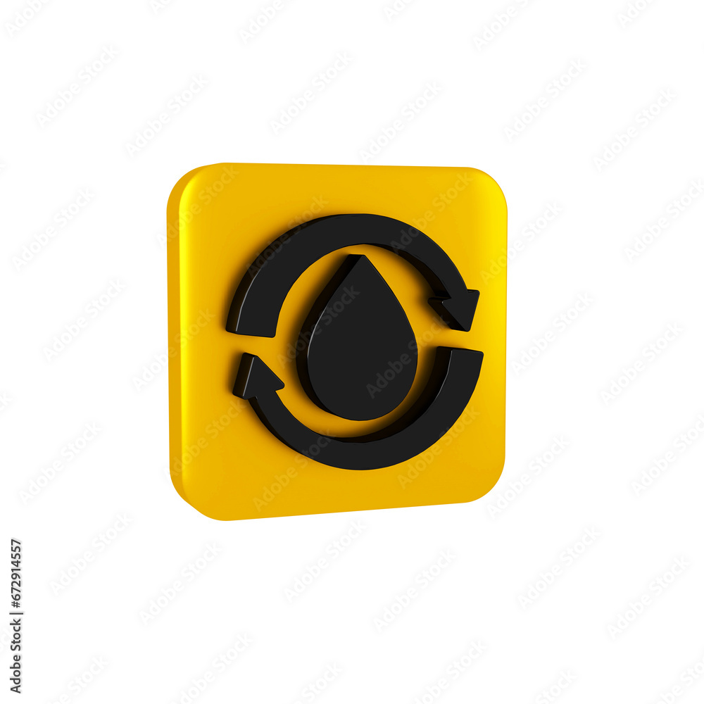 Black Recycle clean aqua icon isolated on transparent background. Drop of water with sign recycling. Yellow square button.