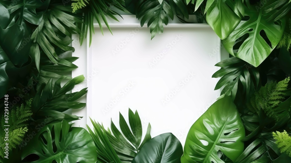 Square color cutout with green leaves, placing a love concept