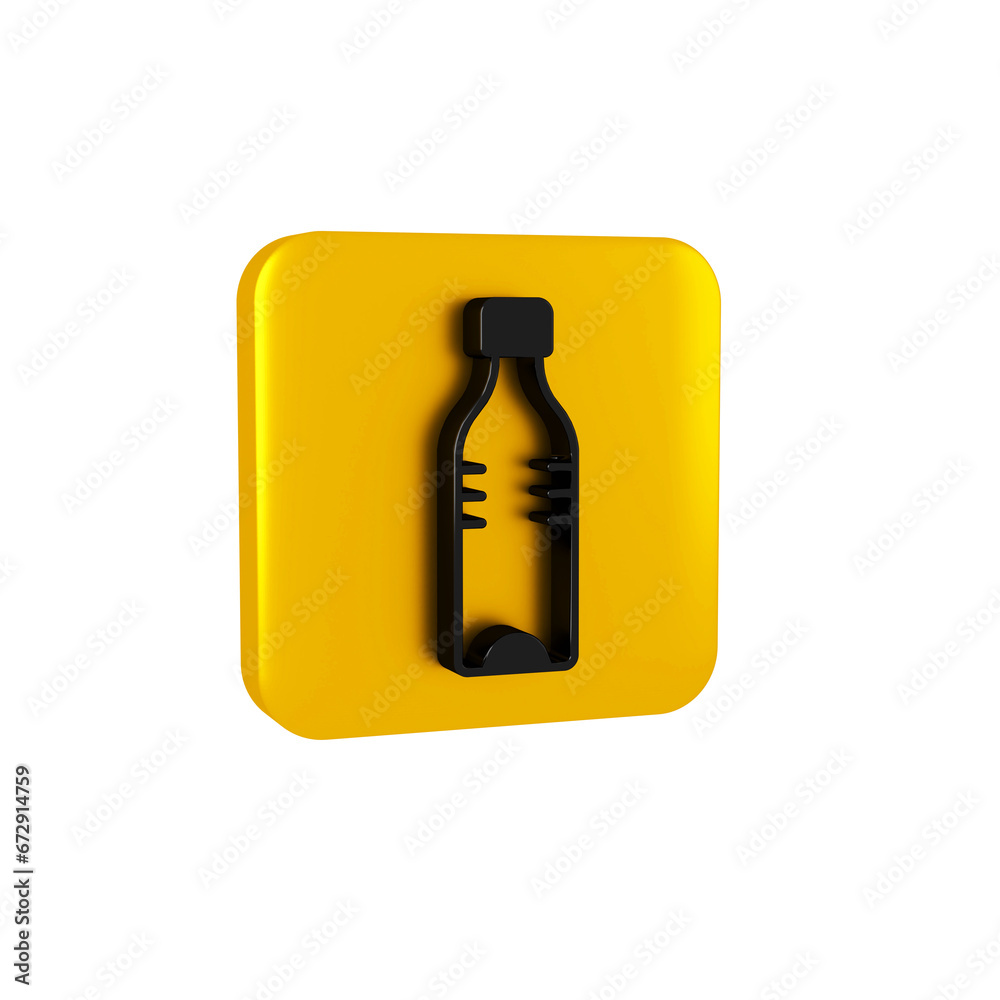 Black Bottle of water icon isolated on transparent background. Soda aqua drink sign. Yellow square button. Black Bottle of water icon isolated on transparent background. Soda aqua drink sign. Yellow square button.