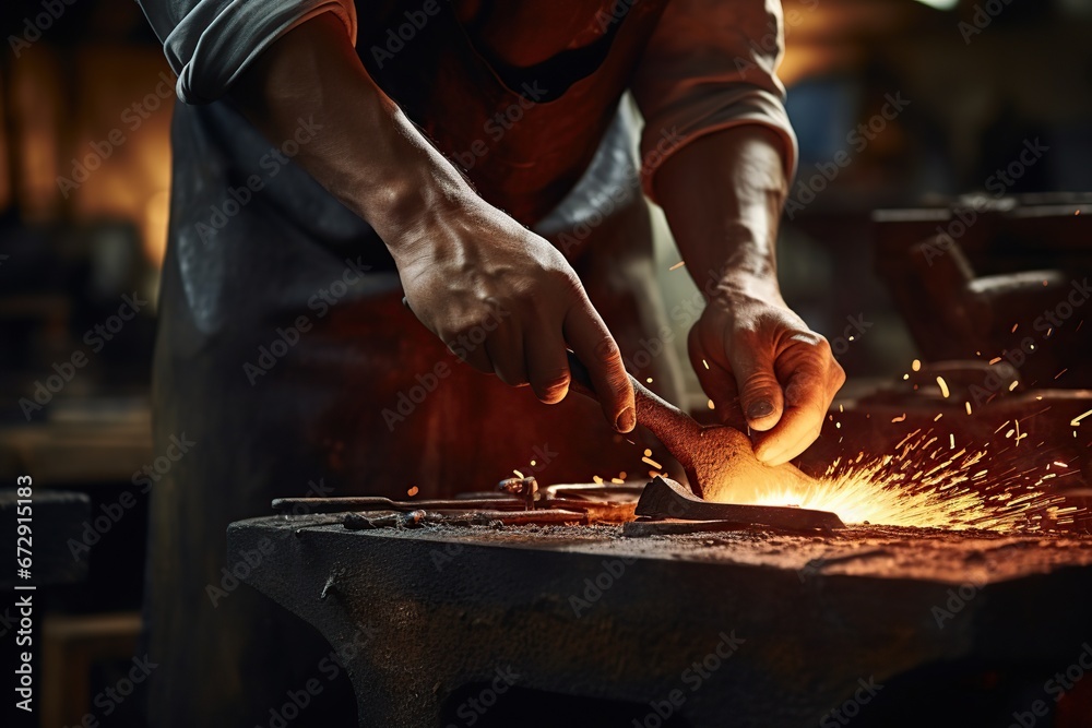 Blacksmith striking a piece of red-hot metal on the anvil, capturing the dynamic and energetic nature of the craft, Anvil striking, Energetic process, Metalworking action, Generative Ai Blacksmith striking a piece of red-hot metal on the anvil, capturing the dynamic and energetic nature of the craft, Anvil striking, Energetic process, Metalworking action, Generative Ai