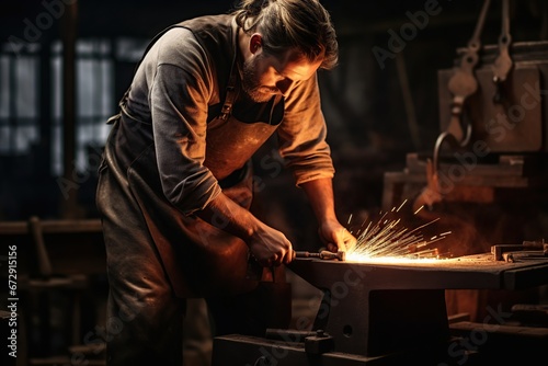 Blacksmith striking a piece of red-hot metal on the anvil, capturing the dynamic and energetic nature of the craft, Anvil striking, Energetic process, Metalworking action, Generative Ai 