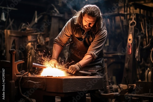 Blacksmith striking a piece of red-hot metal on the anvil, capturing the dynamic and energetic nature of the craft, Anvil striking, Energetic process, Metalworking action, Generative Ai 
