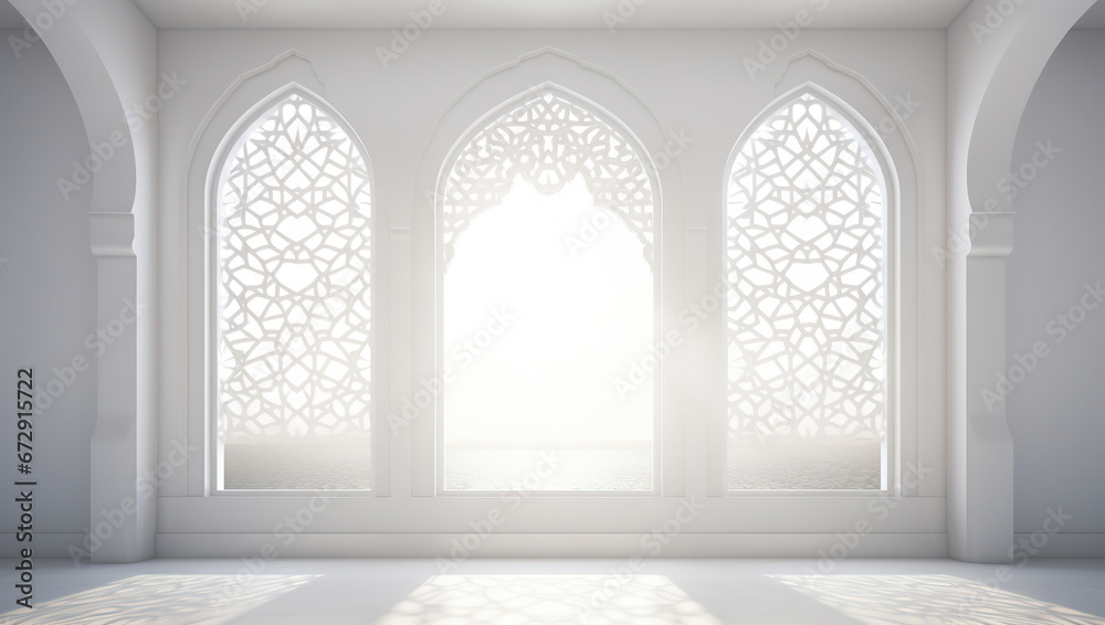 interior of a mosque in white , window arabic decoration  - obrazy, fototapety, plakaty 