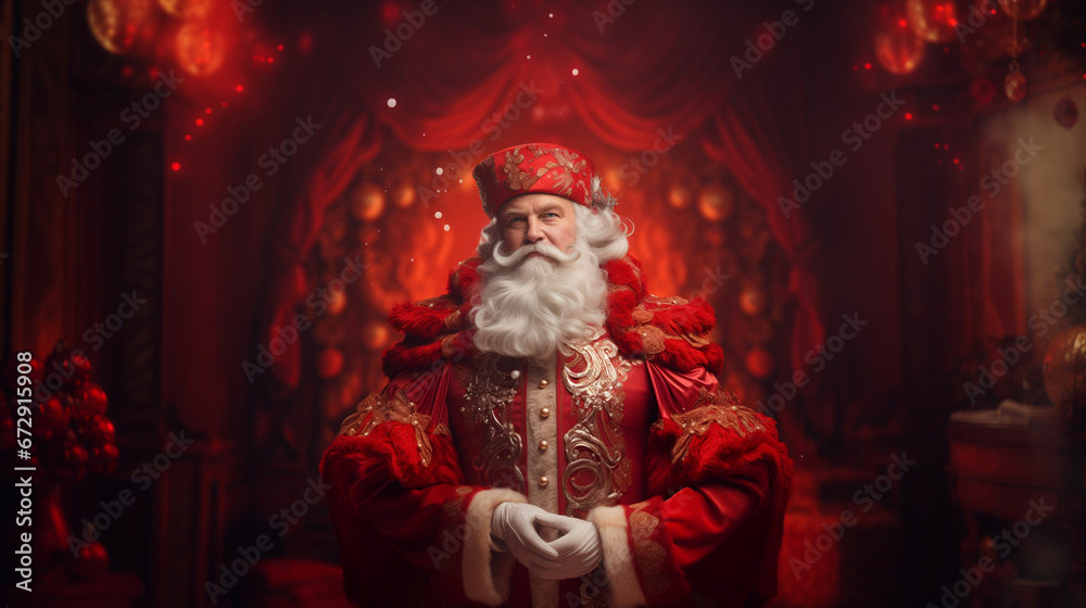 Portrait of a  Santa Claus in a red outfit on a throne. Concept of a generous king.