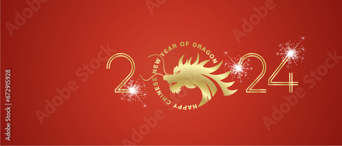 Happy chinese new year 2024 year of the dragon golden zodiac sign in circle logo icon double line design numbers with white sparkle firework on red background