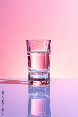 Shot of vodka on light pink background.