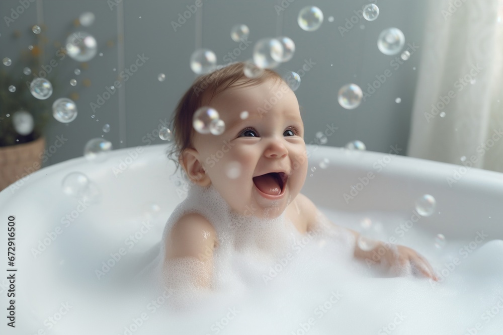 Happy laughing baby takes a bath, playing with foam bubbles. Small child in the bath. Smiling baby in the bathroom. Washing and bathing babies. Hygiene and early childhood care. Generative AI Happy laughing baby takes a bath, playing with foam bubbles. Small child in the bath. Smiling baby in the bathroom. Washing and bathing babies. Hygiene and early childhood care. Generative AI
