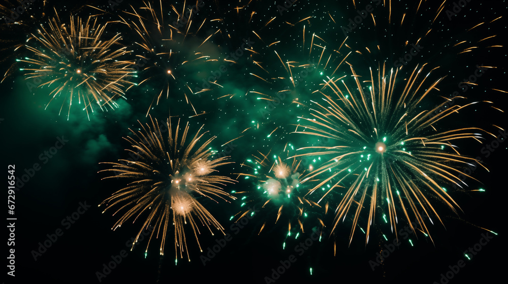 Tło na życzenia - fajerwerki na niebie w Sylwestrową noc - huczne świętowanie. Szczęśliwego Nowego Roku - obrazy, fototapety, plakaty 