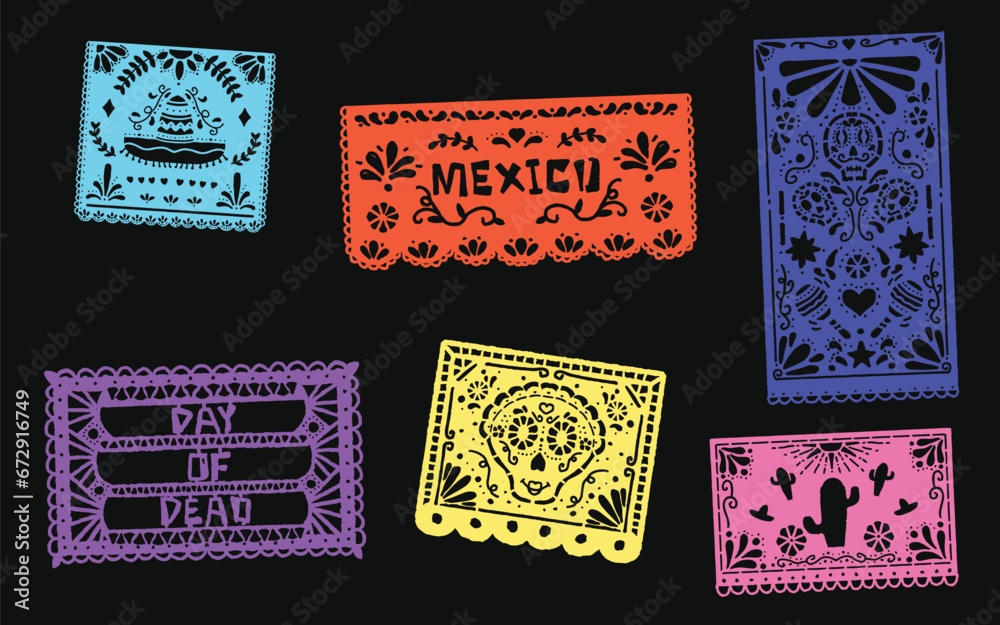 Mexican paper cut holiday flags. Cinco de mayo, dia de los muertos, viva mexico papel picado ornaments