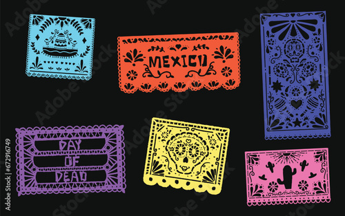 Mexican paper cut holiday flags. Cinco de mayo, dia de los muertos, viva mexico papel picado ornaments