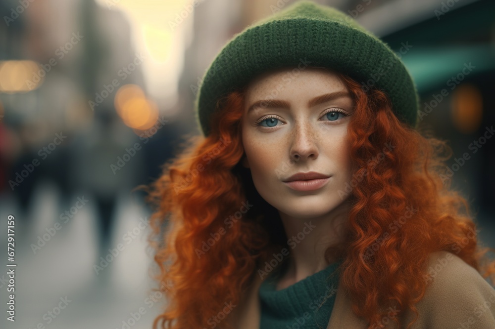 urban portrait of a young beautiful natural redhead girl with freckles, long curly hair, wearing a green knitted hat, posing on a city street. generative AI urban portrait of a young beautiful natural redhead girl with freckles, long curly hair, wearing a green knitted hat, posing on a city street. generative AI