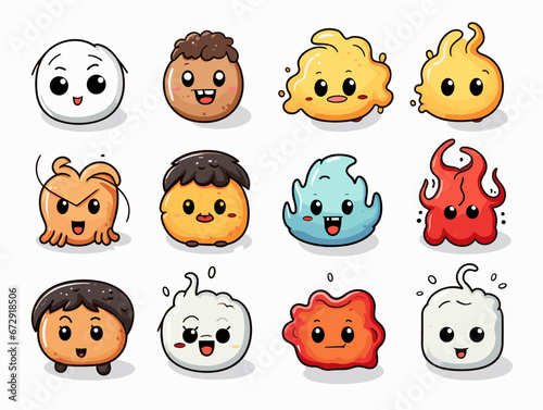 Drawing of 8 types Doodle Emoji face icon set illustration separated, sweeping overdrawn lines.