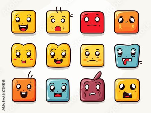 Drawing of 8 types Doodle Emoji face icon set illustration separated, sweeping overdrawn lines.