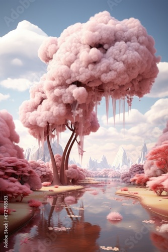 Dreamlike Nature in the Style of Irrealistic, Pink, Romantic, Cloudscapes Elements photo