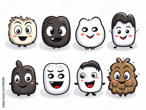 Drawing of 8 types Doodle Emoji face icon set illustration separated, sweeping overdrawn lines.