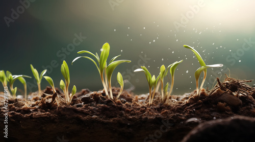 Seedlings sprouting in soil with sunlight and water drops. photo