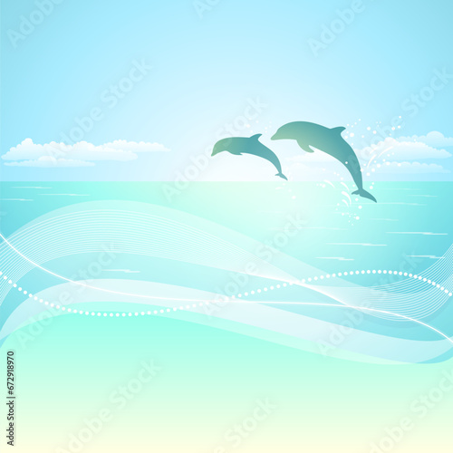 Seaside view with silhouette of two jumping dolphins. Abstract vector background with space for your text.