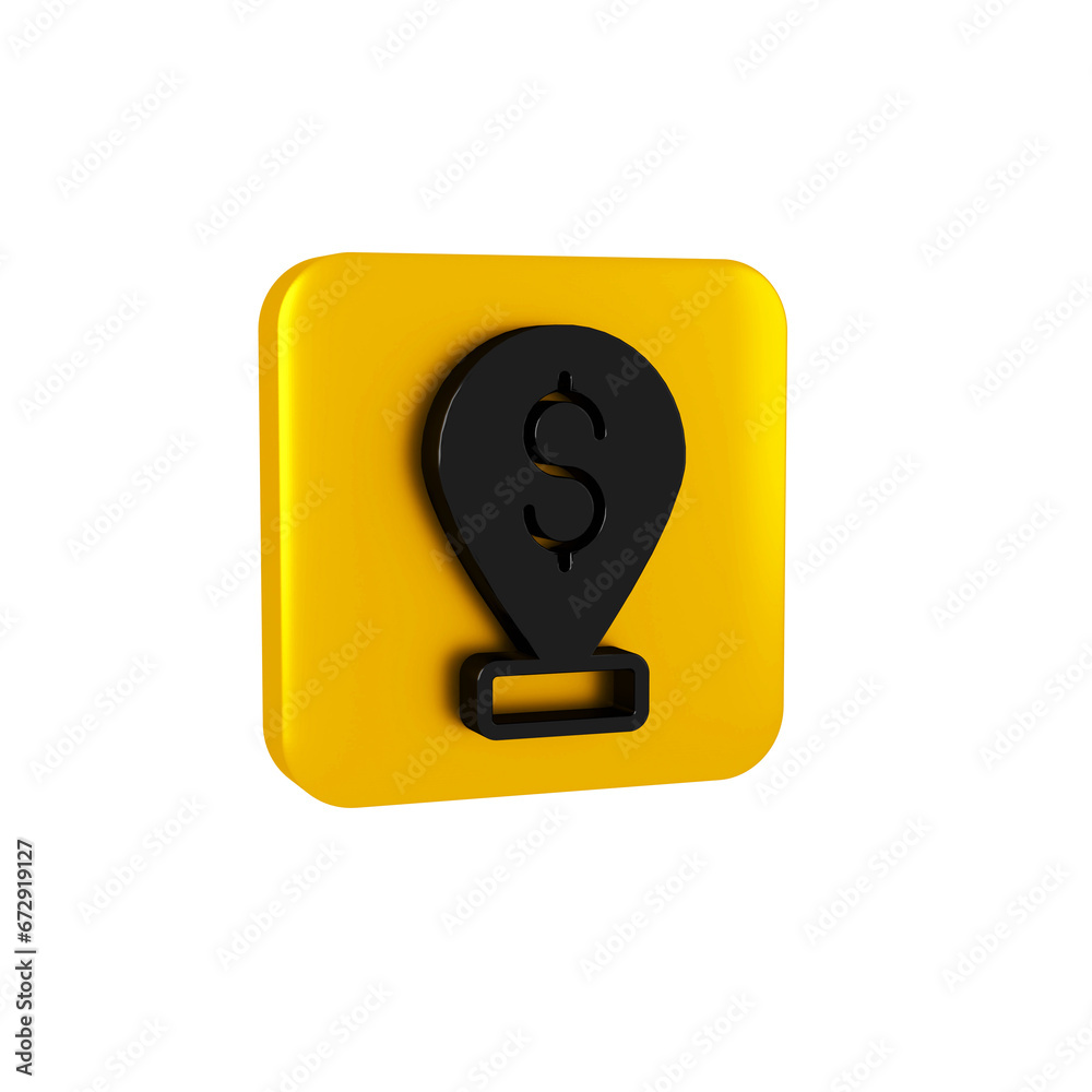Black Cash location pin icon isolated on transparent background. Pointer and dollar symbol. Money location. Business and investment concept. Yellow square button. Black Cash location pin icon isolated on transparent background. Pointer and dollar symbol. Money location. Business and investment concept. Yellow square button.
