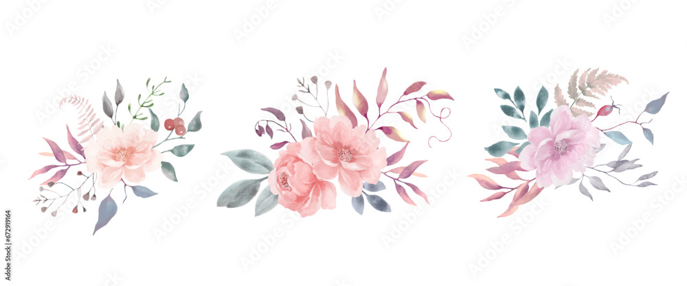 Watercolor floral  set. Hand drawn bouquets isolated on white background. Vector EPS. - obrazy, fototapety, plakaty 