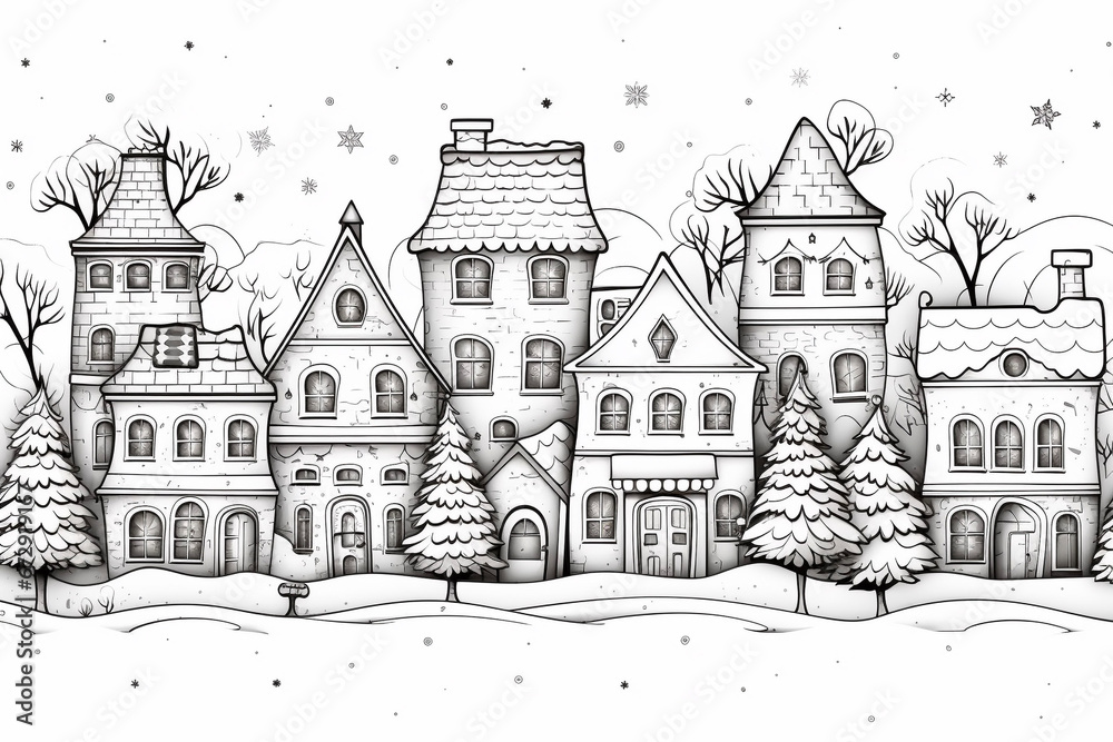 Black and white Christmas village in a horizontal row, Christmas Holiday, Winter illustration, vector illustration flat style background, banner, wallpaper, space for text
