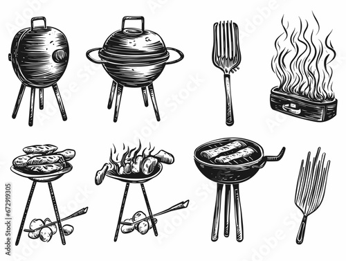 Drawing of 8 Vector black barbecue icons set illustration separated, sweeping overdrawn lines.
