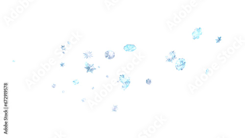 Effect of cold winter wind with snow. White air clouds with snowflakes and ice particles in shape of whirlwind, wave, spray and flow, isolated on transparent background