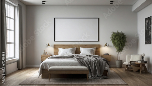 Bellissima camera da letto con arredamento minimalistico, con colori naturali ed eleganti e cornice vuota sul muro
