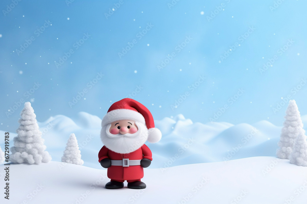 Cute Santa Claus, looking at camera, Christmas background, New Year, greeting card, space for text, winter landscape
