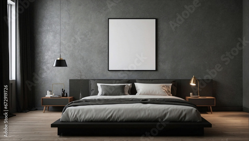 Bellissima camera da letto con arredamento minimalistico, con colori naturali ed eleganti e cornice vuota sul muro