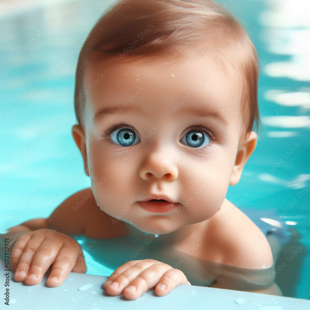 a small child learns to swim in the pool, baby swimming, blue water. ai