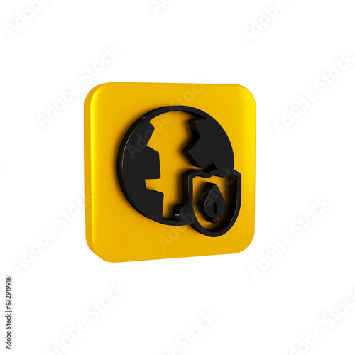 Black Earth with shield icon isolated on transparent background. Insurance concept. Security, safety, protection, privacy concept. Yellow square button.