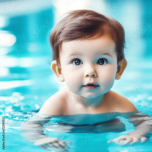 a small child learns to swim in the pool, baby swimming, blue water. ai generative © Igor