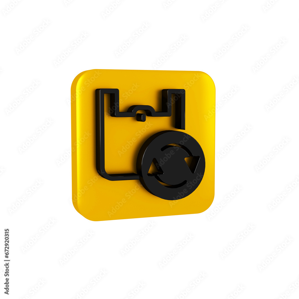 Black Paper shopping bag with recycle icon isolated on transparent background. Bag with recycling symbol. Yellow square button.