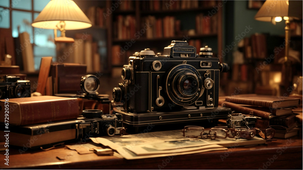 Photo of vintage camera and film on a table with books