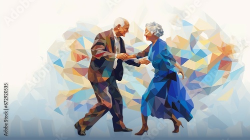 Old senior happy couple woman family man people mature dance love home fun. Grandmother happy old senior beautiful smile older grandfather together background party age young lifestyle grandparents. photo