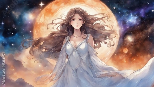 Anime inspired cartoon, anime A beautiful woman in a galaxy nebula, painted with watercolor. She has long brown hair 