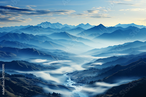 beautiful minimalistic landscape of mountains in fog,ariel view