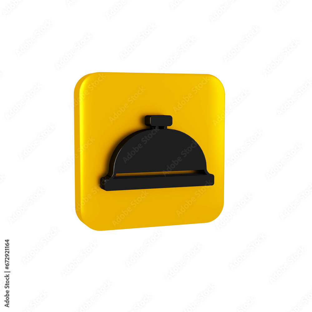 Black Covered with a tray of food icon isolated on transparent background. Tray and lid sign. Restaurant cloche with lid. Yellow square button. Black Covered with a tray of food icon isolated on transparent background. Tray and lid sign. Restaurant cloche with lid. Yellow square button.