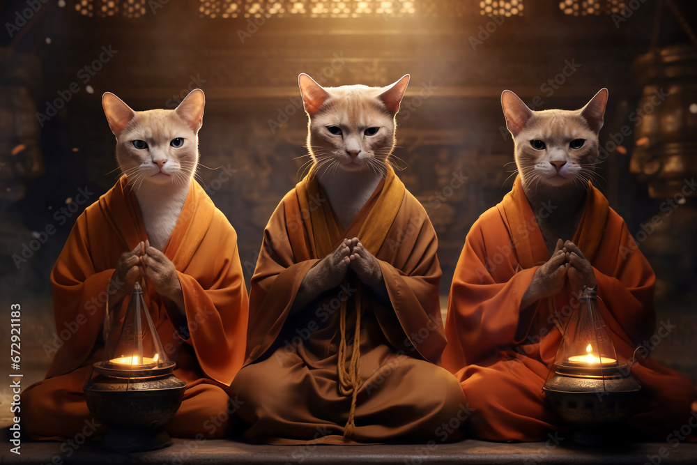 Three cats characterized as Buddhist monks meditating - obrazy, fototapety, plakaty 